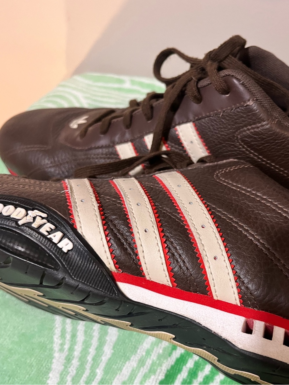 Adidas Men's Brown Team Goodyear Sneakers with Red & White Stripes, size 13